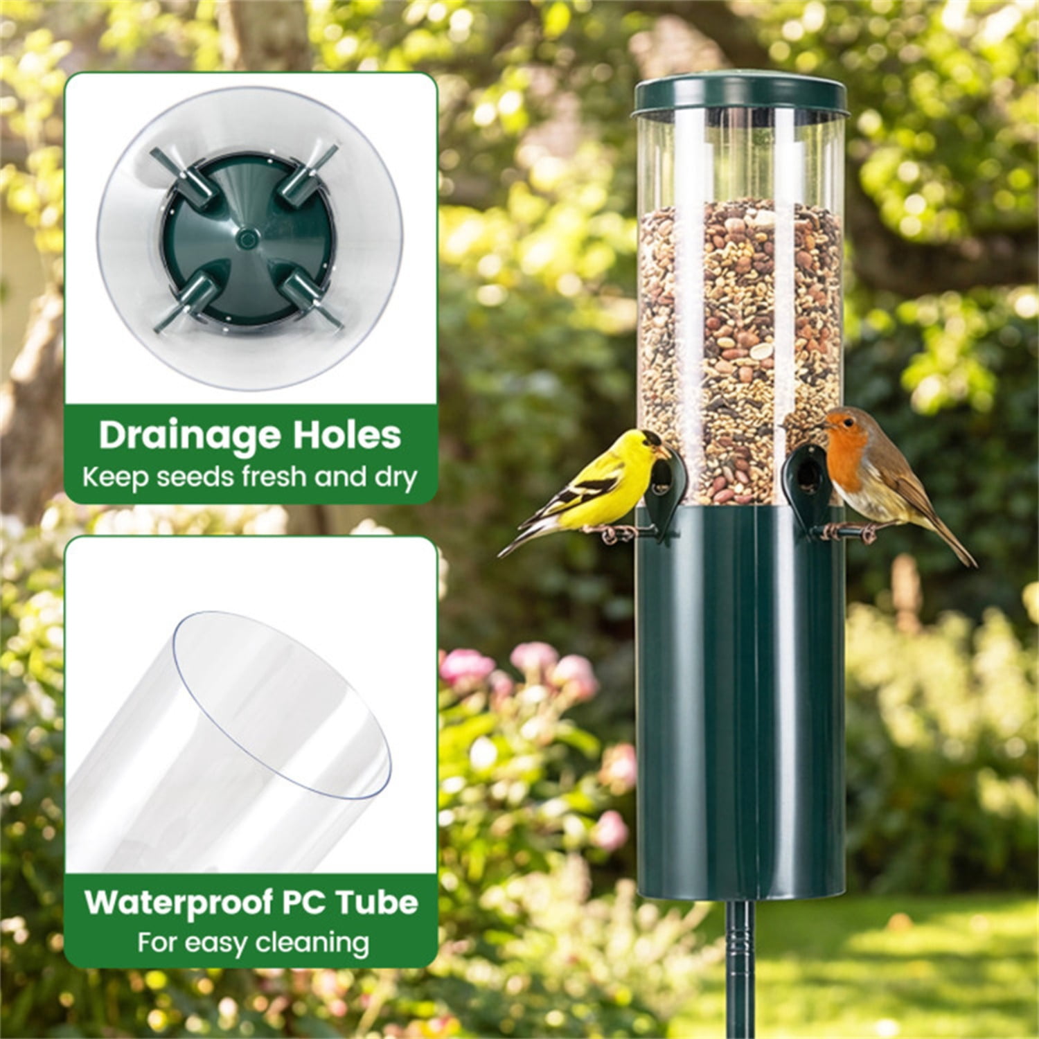 Standing Bird Feeder Squirrel-Proof, 4 Feeding Ports with Perches Heavy-Duty Metal & PC Construction