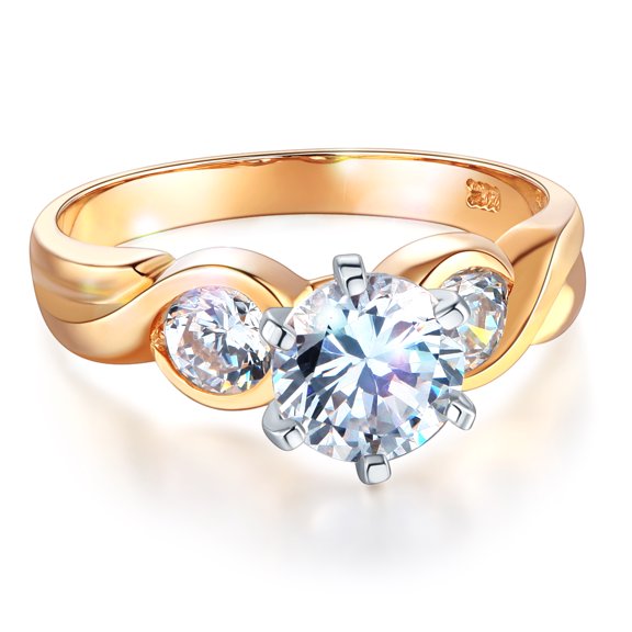Wellingsale Ladies Solid 14k Yellow Gold Polished CZ Cubic Zirconia Round Cut Three 3 Stone Engagement Ring - Size 4