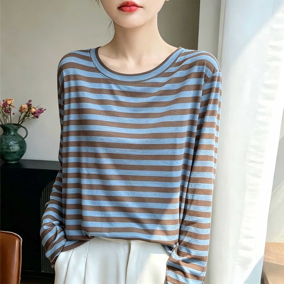 Zorckvet Womens Shirts Striped Long Sleeve Blouses Pullover Tunic Casual Crewneck Tops for Ladies
