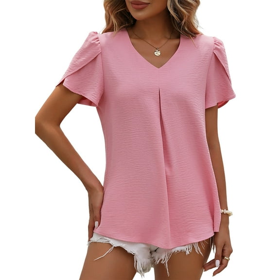 Womens Dressy Chiffon Blouses Summer Puff Petal Short Sleeve Shirts V Neck Casual Work Tops Pink XL