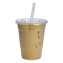 VeZee's 16 oz Clear Plastic PET Cups With Flat Lid & Straw, BPA-Free, Perfect for Iced Coffee, Smoothies, Tea, Boba - Recyclable: Qty 50