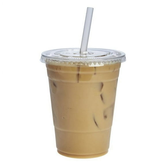 VeZee's 16 oz Clear Plastic PET Cups With Flat Lid & Straw, BPA-Free, Perfect for Iced Coffee, Smoothies, Tea, Boba - Recyclable: Qty 50