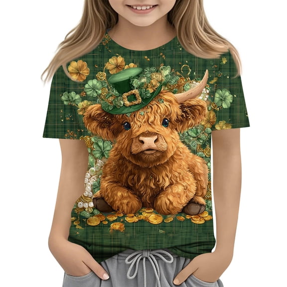 Abcomgle St. Patrick's Day Shirts for Girls Size 10-12 Lucky Highland Cow Print Shirts for Kids Crewneck Short Sleeve Tshirts for Kids Funny Irish Green Blouses for Girls,Green,11-12Years