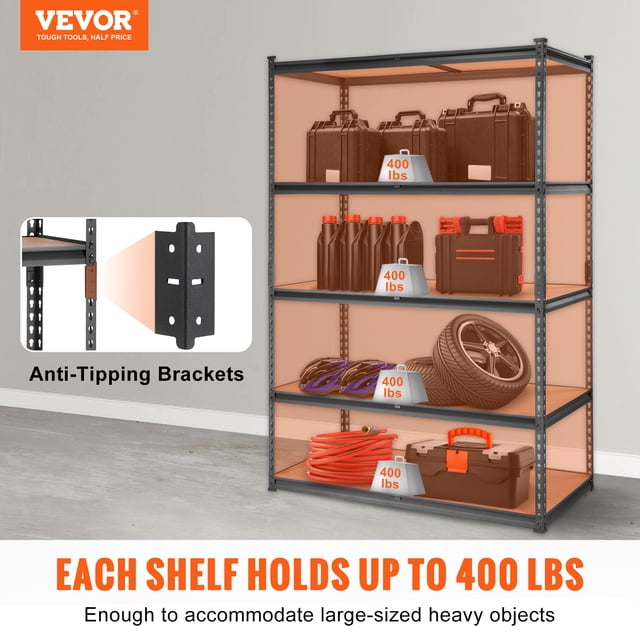 vevor estantería de almacenamiento, 5 niveles ajustables, capacidad de 2000 libras, estantes de garaje resistentes, organizador de metal, estante de utilidad, negro, 48 pulgadas de largo x 24 pulgadas — Vista frontal de estantería VEVOR negra de 5 niveles (48" x 24" x 72") con bastidor de acero SPCC y tableros MDF; repisas etiquetadas 400 lbs cada una, cajas, bidones y neumático en los estantes y soportes antivuelco fijados a la pared. Adecuada para garaje, trastero o almacén; suele usarse también como estante modular para organizar herramientas y suministros durante mudanzas.