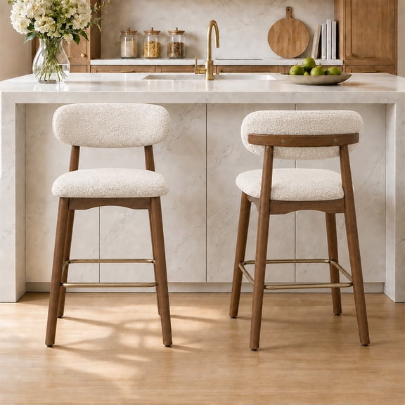 ClinQ 26 Inch Counter Height Bar Stools Set of 2, Teddy Fleece Upholstered Chairs with Rubber Wood Legs, Backrest and Gold Footrest, Beige