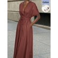 thumbnail image 5 of Brown V-Neck Wrap Midi Dress With Tie Waist And Short Sleeves, 5 of 8