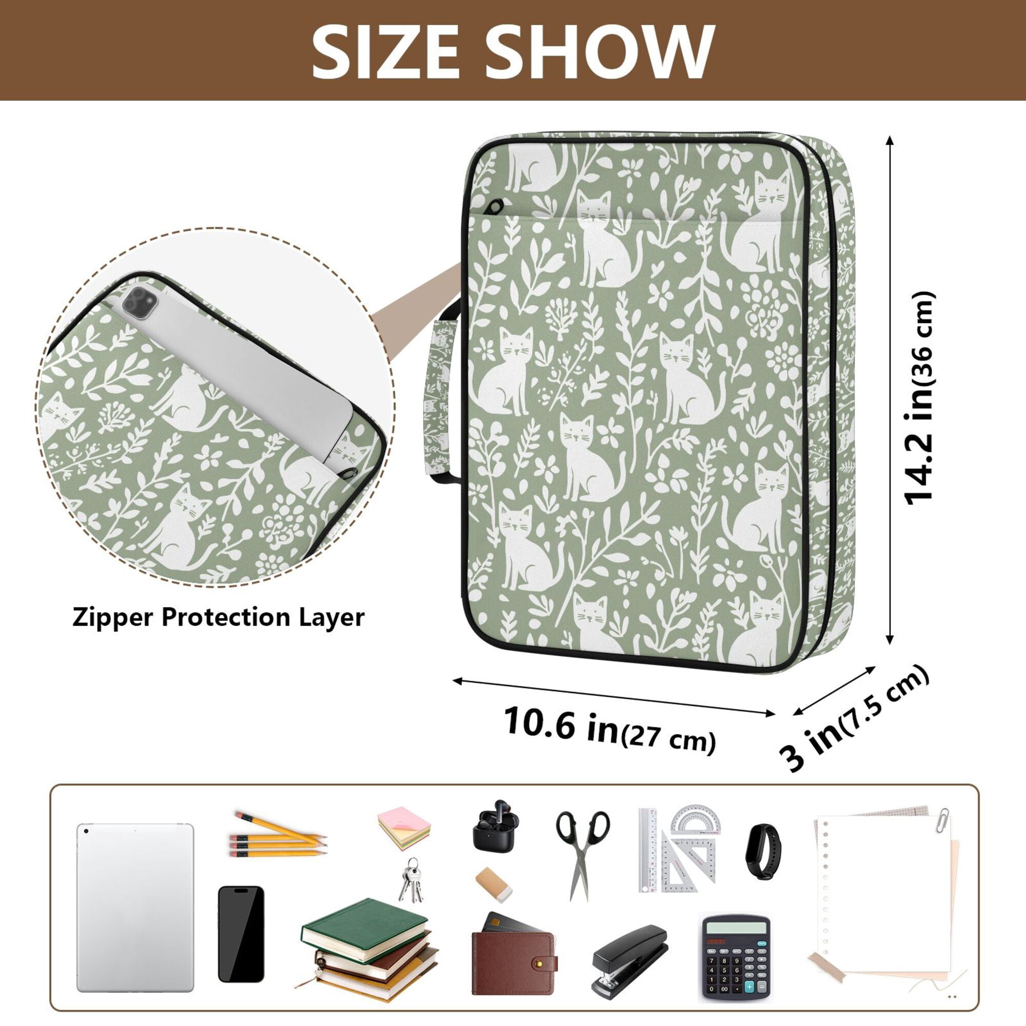 FORMRS Accordion File Folder A4 Size 7-Pocket Expanding Document Organizer Bag with 3 Ring Binder, Green Floral Cat Pattern