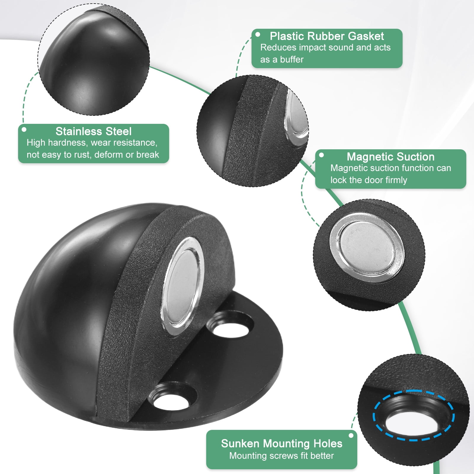 Uxcell 4-Pack Floor Mounted Door Stops, Stainless Steel Half Dome Magnetic Gate Stopper with Plastic Rubber Bumper [Black]