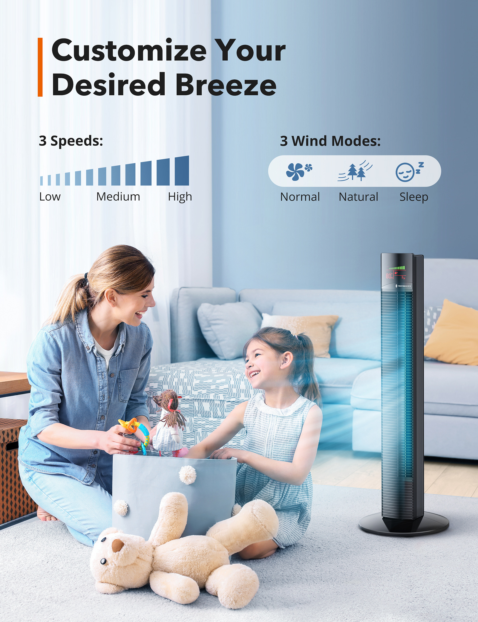 TaoTronics Tower Fan, 36" Cooling Fan with Remote, 65 Floor Fan Oscillating, Powerful Fan with 9 Modes, Large LED Display, 12-Hour Timer, Quiet Portable Bladeless Fan for Bedroom Living Rooms Office