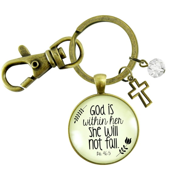 God is Within Her Charm Gutsy Goodness Bronze Keychain She Will Not Fall Woman of Faith Pendant Charm Gift