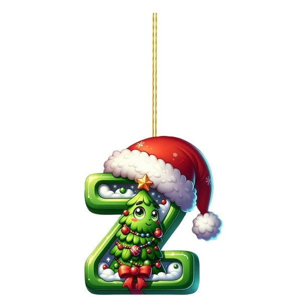 Adorno navideño con letras del alfabeto CLLC, Adornos navideños con letras de la A a la Z, Letras acrílicas verdes 2D con gorro navideño, Letras del alfabeto navideñas colgantes para árbol de Navidad