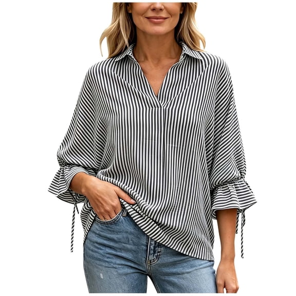 Bosfbaoi Striped Blouses for Women Collared V Neck 3/4 Tie Sleeve Back Split Casual Shirts
