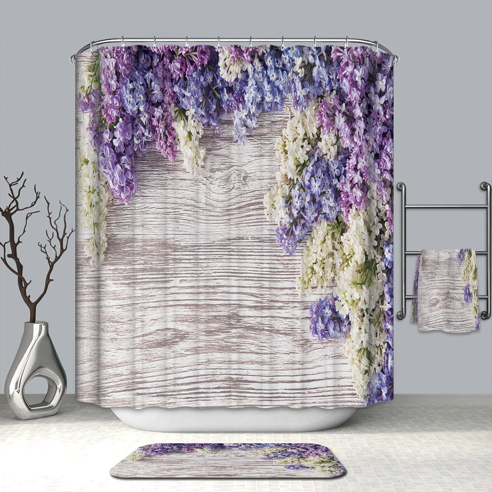 Floral Fabric Shower Curtain with 12 Hooks Purple and White Morning