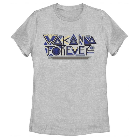 Women's Black Panther: Wakanda Forever Yellow and Blue Pattern Logo Graphic Tee Athletic Heather Medium