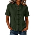thumbnail image 2 of ClodeEU Women's Chinese Frog Button Stand Collar Short Sleeve Blouse,Solid Casual Summer Shirt Top Army Green,Women's Plus L, 2 of 8
