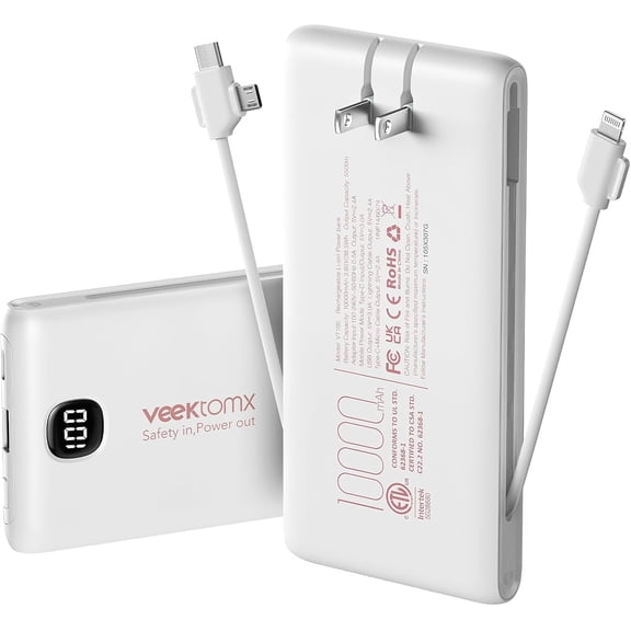 Portable Charger Power Bank Built in Cables and Wall Plug, 10000mAh iPhone Battery Pack Fast Charging, USB C External Slim Bank, Travel Essentials Compatible with 17 16 15 14 iPad, White