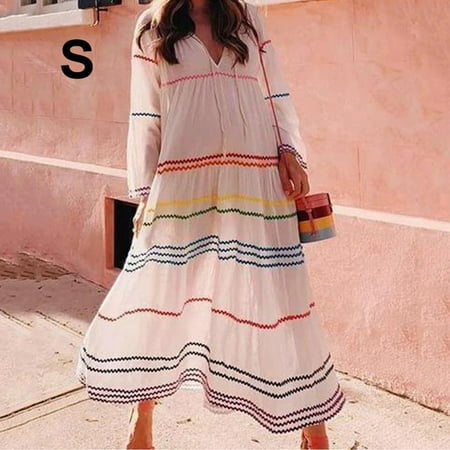 

Viugreum Women V-neck Rainbow Striped Dress Casual Long Sleeve Loose Frock