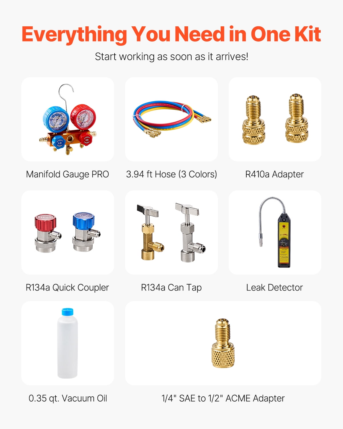 VEVOR 4.5 CFM AC Vacuum Pump and Gauge Set,Single Stage Rotary Vane HVAC Air Vacuum Pump,A/C&nbsp;Refrigerant&nbsp;Manifold Gauge Kit,with Leak Detector Hoses,for R134a,R12,R22,R502a,R410A,R404,R407C