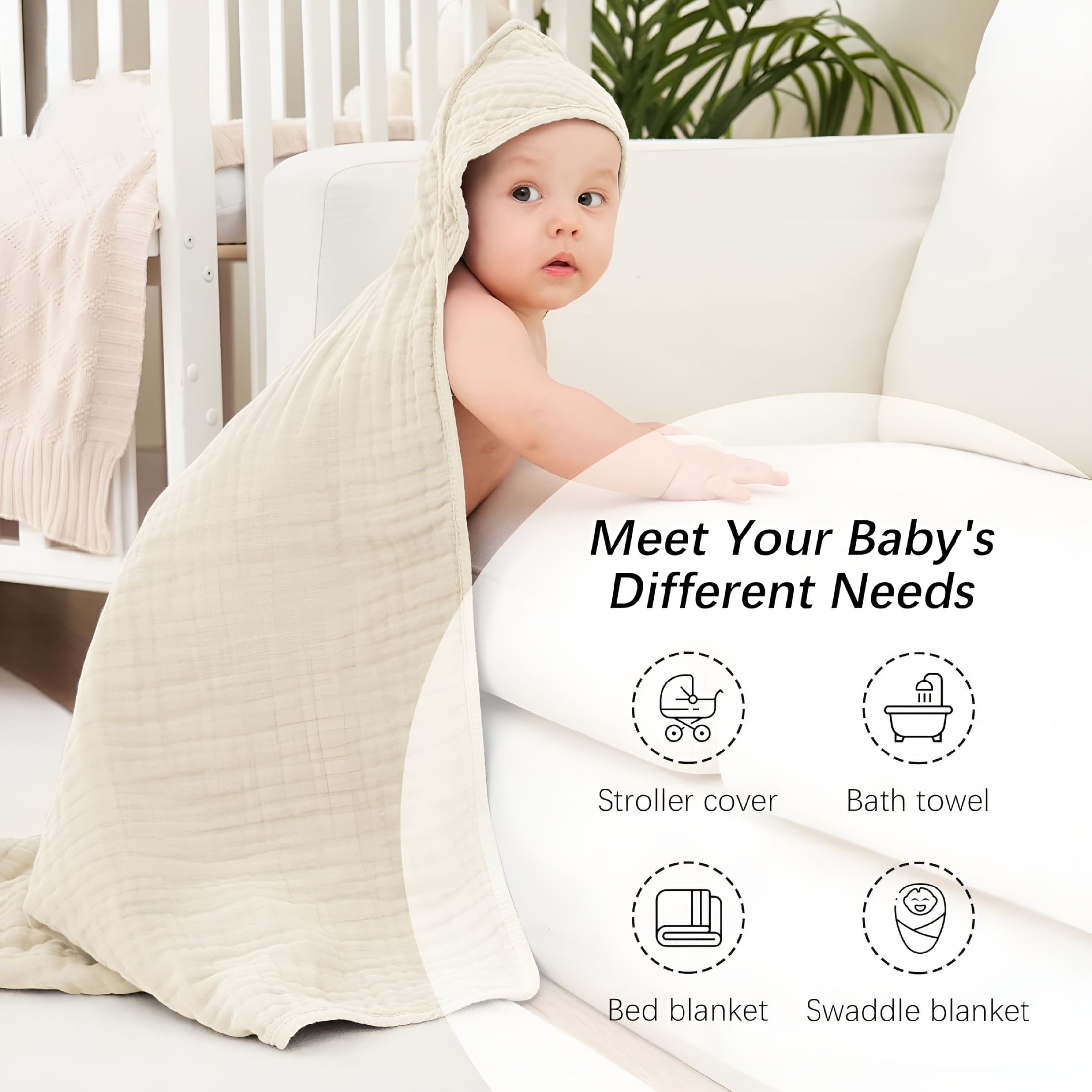 AUQ 2026 New Muslin Hooded Baby Bath Towels - 2 Pack 100% Cotton Towel for Babies, Infants, Toddlers - 32X32Inch - Highly Absorbent and Newborn Essential, Ivory and Brown