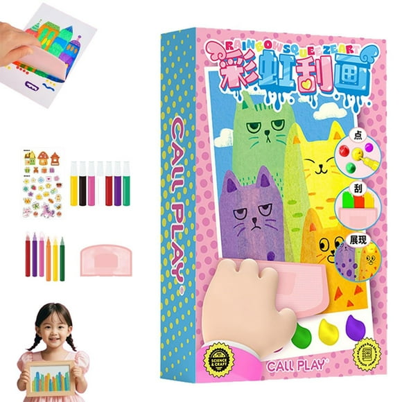 Painting Supplies Squeegee Art Kids Paint Kit DIY Rainbow Dot Scratch Craft Set Handmade Painting Paper with Paints Squeegees and Stickers for Students and Beginners