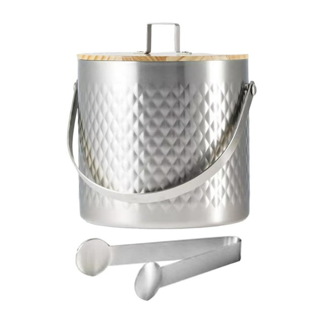 Cubo de hielo, cubo de cerveza con tapa y pinza, cubo de metal multiusos para bebidas, cubo enfriador de bebidas para fiestas en restaurantes y bufés 3 L Plata