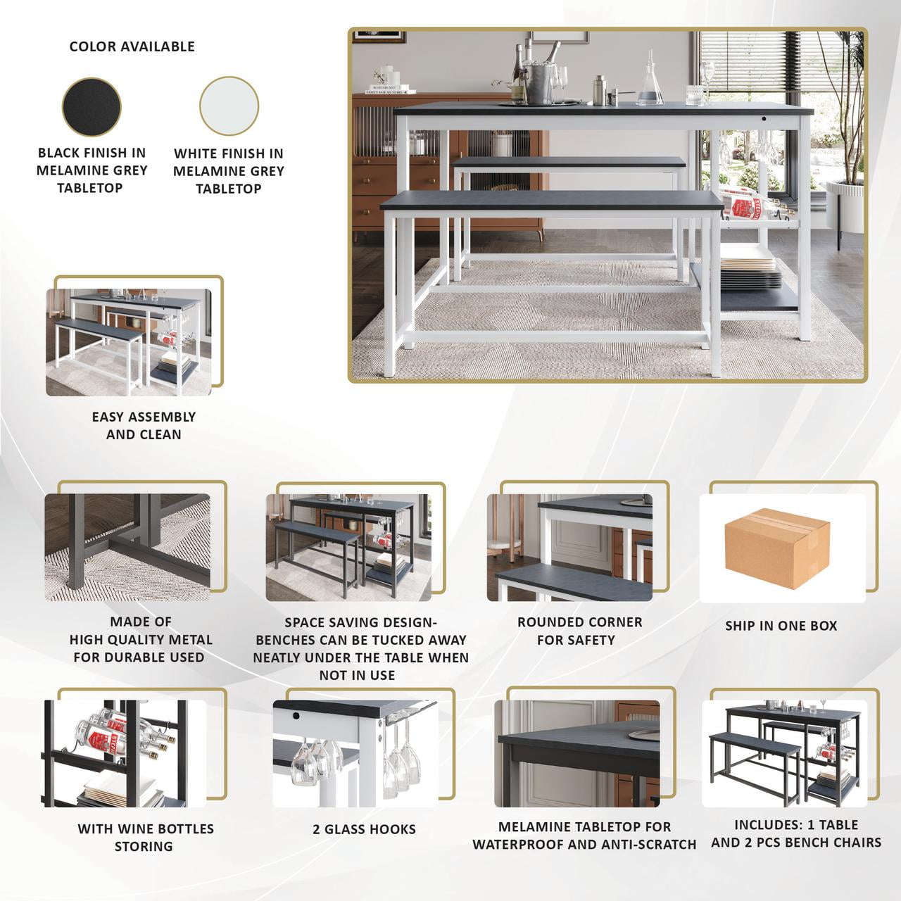 Castle Place 3-Piece Metal Dining Set with Integrated Wine Rack and Shelving, Black