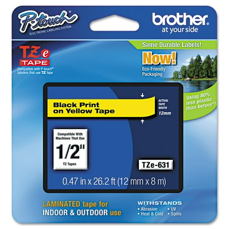 Brother P-Touch TZe Standard Adhesive Laminated Labeling Tape, 1/2"w, Black on Yellow