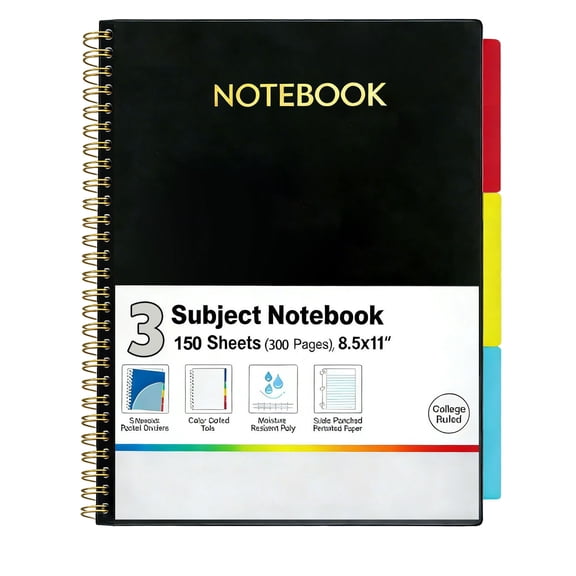 3 Subject Notebook College Ruled 8.5"x11"  Spiral Notebook 150 Sheets (300 Pages) with Tabs, Movable Dividers, Storage Pockets, Protective Plastic Covers Black