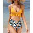 thumbnail image 4 of Women Two Piece Swimsuits High Waisted Ruffle Flounce Bikini V Neck Tummy Control Bathing Suit Yellow Floral (2XL, 4 of 5
