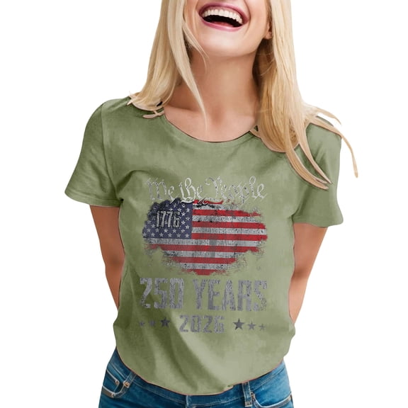 WERYOUNG Women's T-Shirts Casual Short Sleeve Round Neck Patriotic Letter Print T Shirts Everyday Wear Comfort Fit Tee Shirts Holiday Party Soft Comfortable Tops
