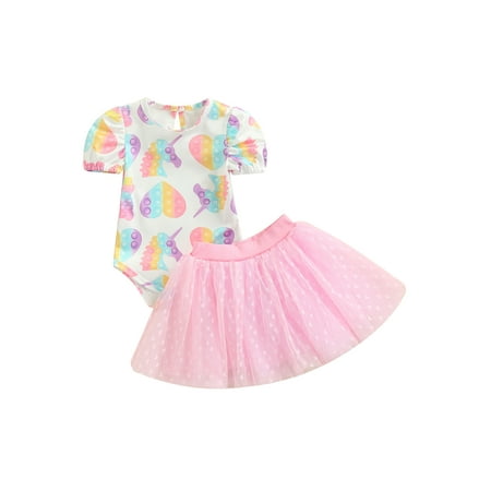 

Loalirando Toddler Baby Girl Skirt Suit Short Sleeve Unicorn Heart Printed Romper Tulle Tutu Princess Skirt Set