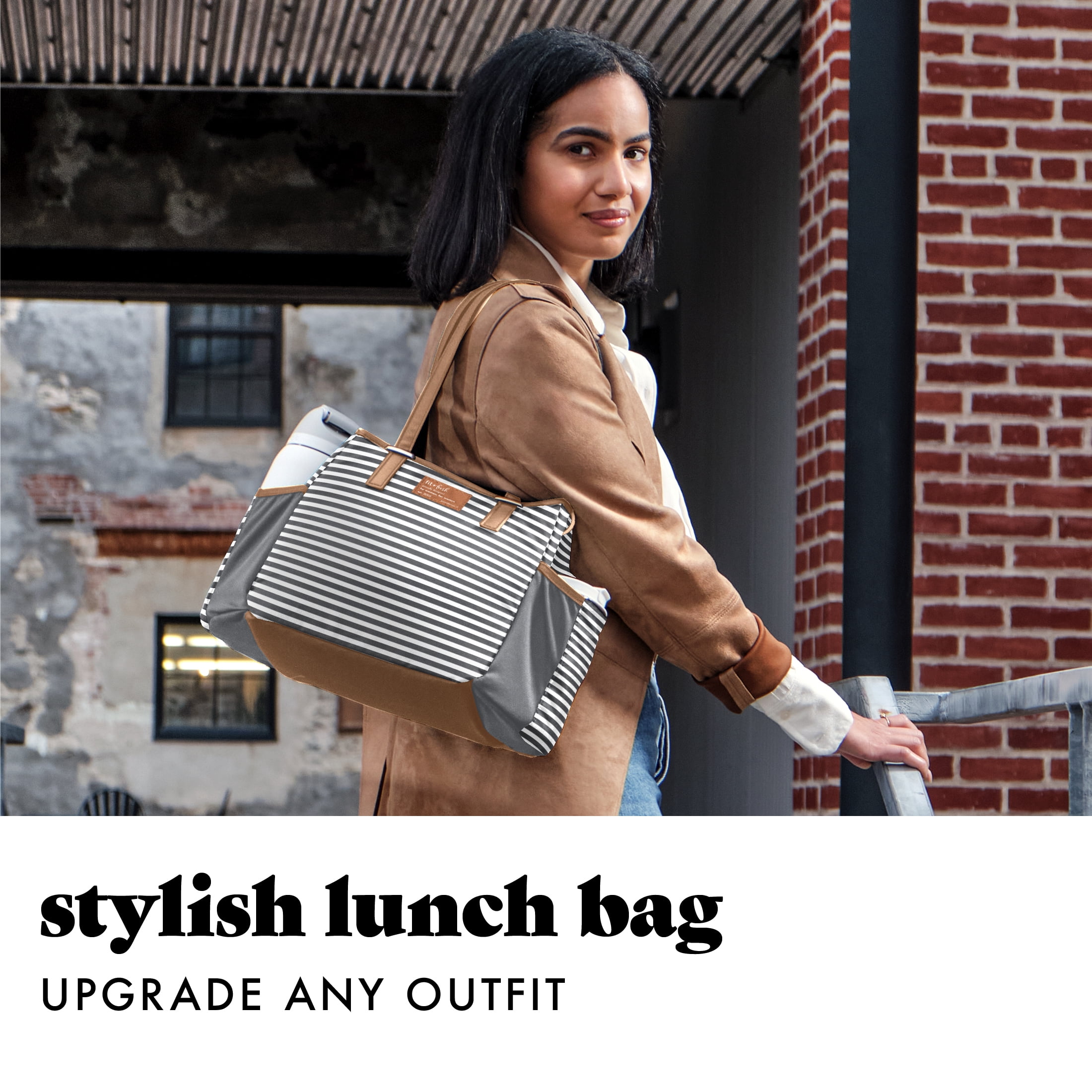 Fit & Fresh Copley Large Reusable Insulated Lunch Bag for Women with XL Slim Ice, in Thin Gray Stripe