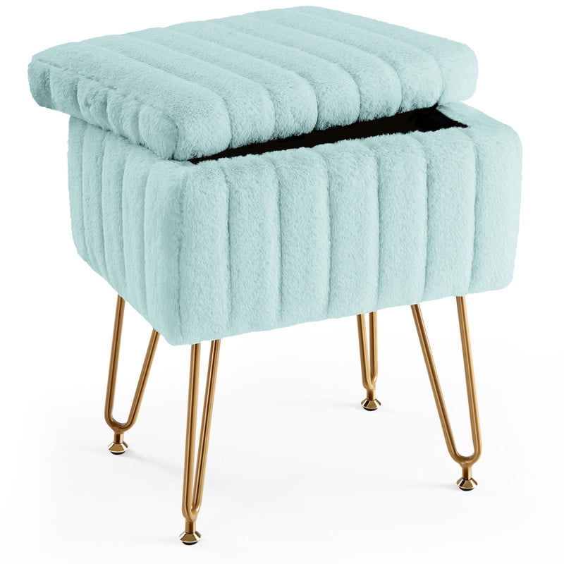 BEAUTYPEAK Vanity Stool with Storage Faux Fur Padded Makeup Ottoman with Gold Metal Legs and Adjustable Feet 18.9" Footstool, Mint