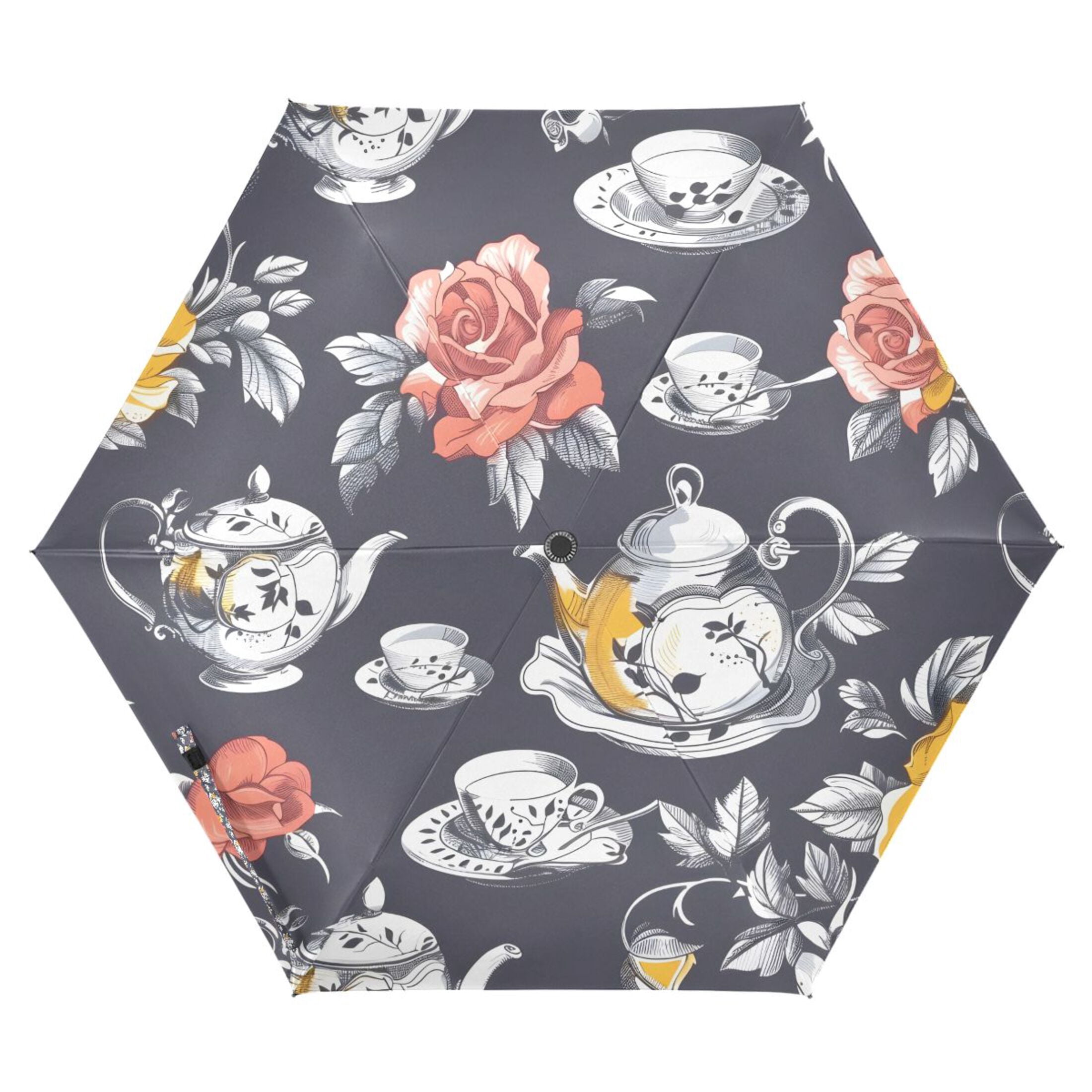 Rose Flower Teacup Teapot Compact Sun Umbrella Windproof Travel Umbrellas for Rain Strong Portable UV Protection