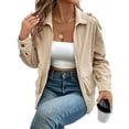 thumbnail image 5 of Women Cropped Jacket Zip Corduroy Shacket Jackets Casual Plaid Long Sleeve Crop Jackets Khaki L, 5 of 9