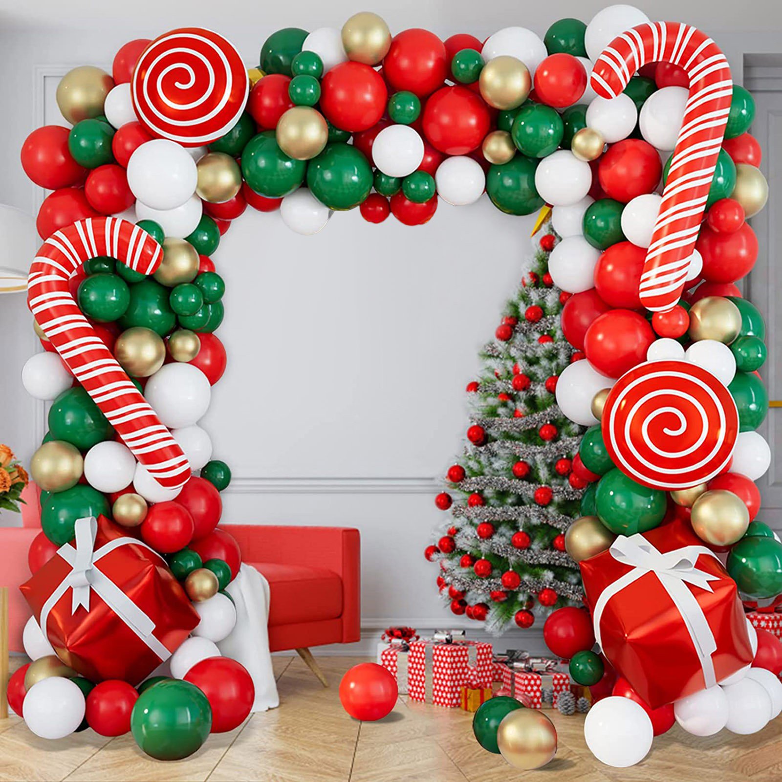 Bonropin 171-Piece Christmas Balloon Arch Kit - Red, Green, Gold Balloons With Candy & Star Decorations