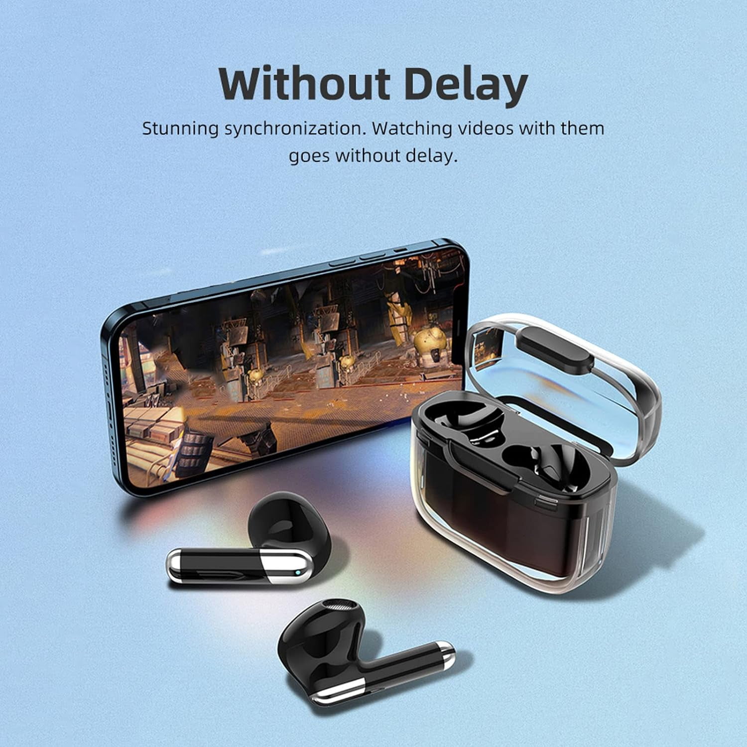Real Time Language Translator Earbuds, Bluetooth 5.3 Denoise Translator Earphones Support 144 Languages with APP in Transparent Case for Smart Phone, Black