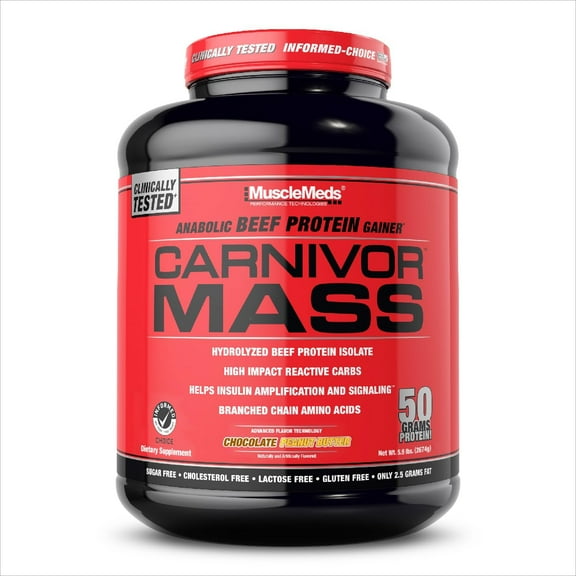 MuscleMeds Carnivor Mass Gainer – 50 g Beef Protein Isolate & 125 g Reactive Carbs – Sugar‑Free, Fat‑Free, Lactose‑Free – Chocolate Peanut Butter, 6 lb