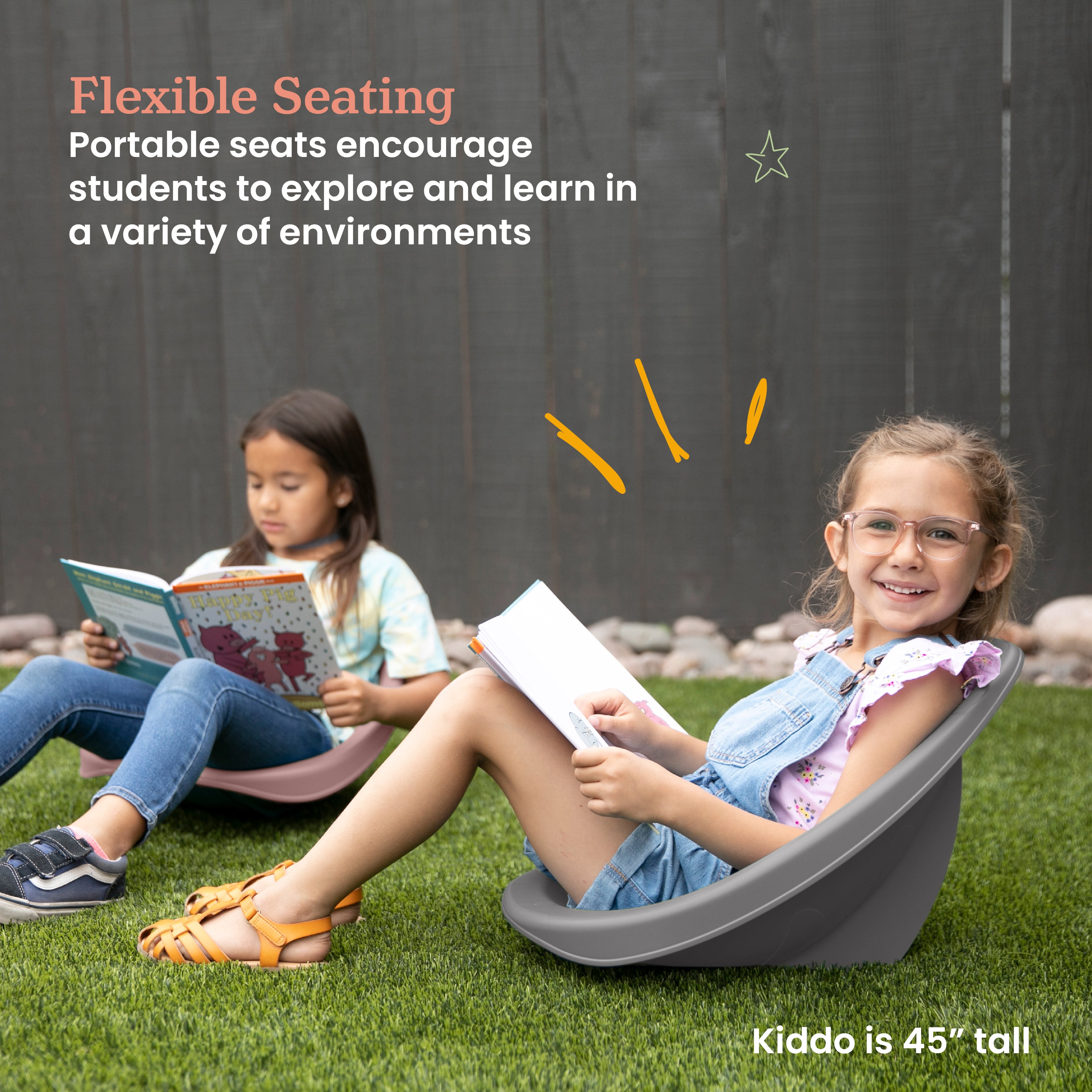 ECR4Kids Plastic Leaf Scoop Floor Rocker Seat, Classroom Furniture, Pink/Grey, 6-Piece