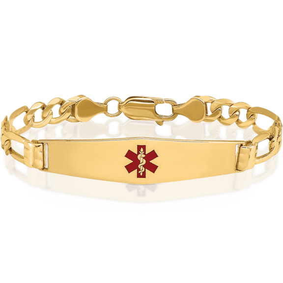 14K Solid Yellow Gold Medical Alert Figaro Link Name Bar Identification ID Bracelet