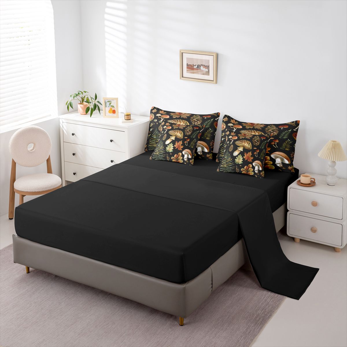 Homewish Country Fungus Mushroom 7-Piece Twin Bedding Sets,Autumn Maples Leaves Bedding Comforter Set,Rustic Plant Sheet Sets For Men Women,Super Cozy Room Decor Reversible