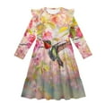 thumbnail image 4 of FKELYI Hummingbird Cherry Flower Print Girl Long Sleeve Dress Ruffle Sleeve Crew Neck Trim Dress for Birthday Party A Line Tiered Swing Pactchwork Dresses, 9-10 Y, 4 of 6