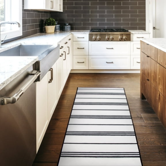 My Magic Carpet 2.5x7' Machine Washable Non-Slip Kitchen Hallway Runner Rug, Stripe Black And White