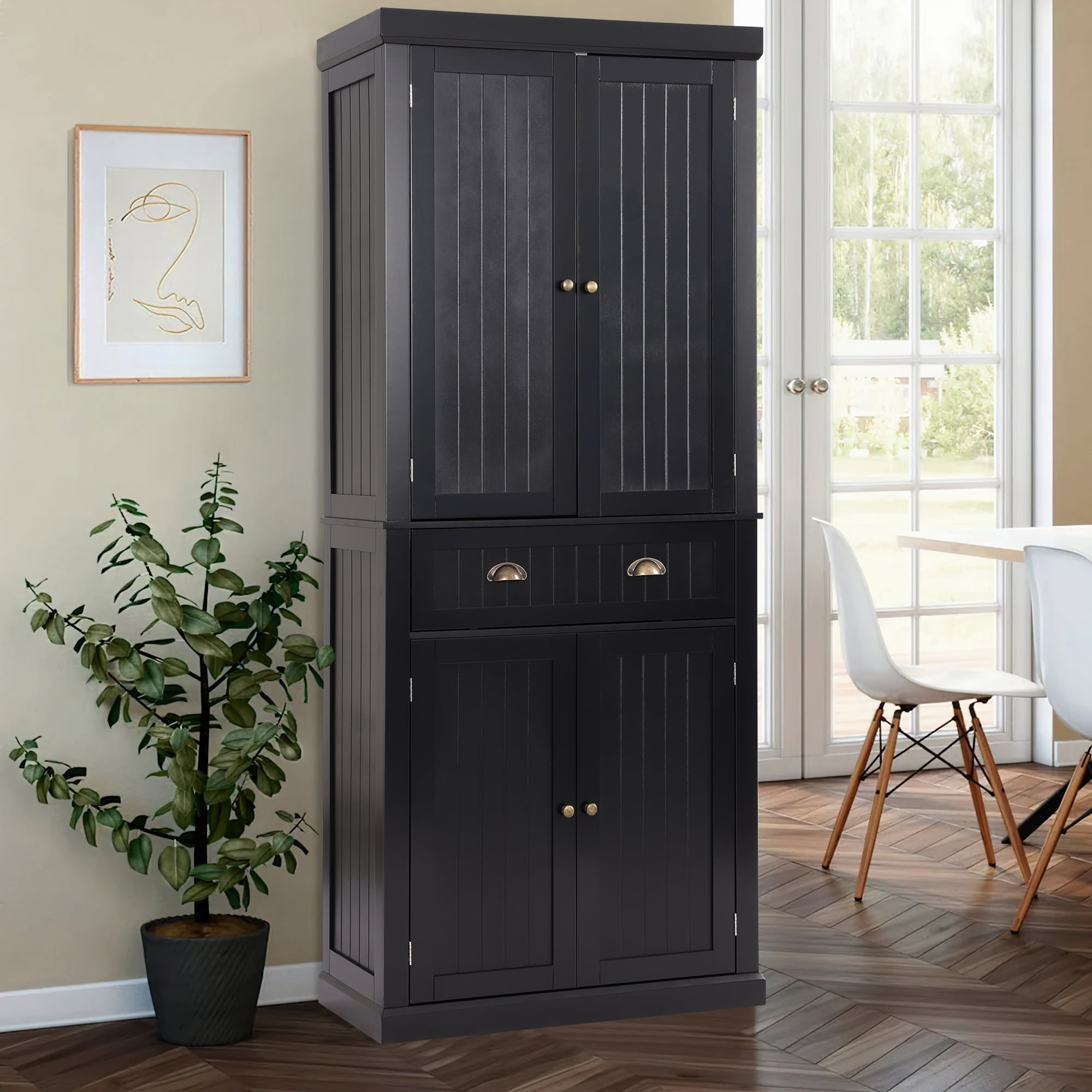 KIGOTY 72'' H Tall Kitchen Pantry with 4 Doors ,A Large Drawer Freestanding Pantry Cupboard Black Storage Cabinet for Dining Room ,Office
