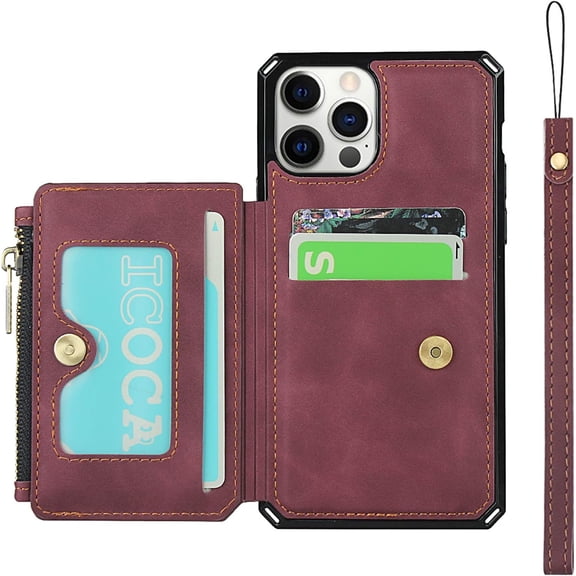 Wallet Case with Card Holder for iPhone 12 Pro Max,RFID Blocking Luxury PU Leather Kickstand Card Slots,Magnetic Clasp,Wrist Strap Zipper Pocket Flip Case for iPhone 12 Pro Max 6.7",Wine Red
