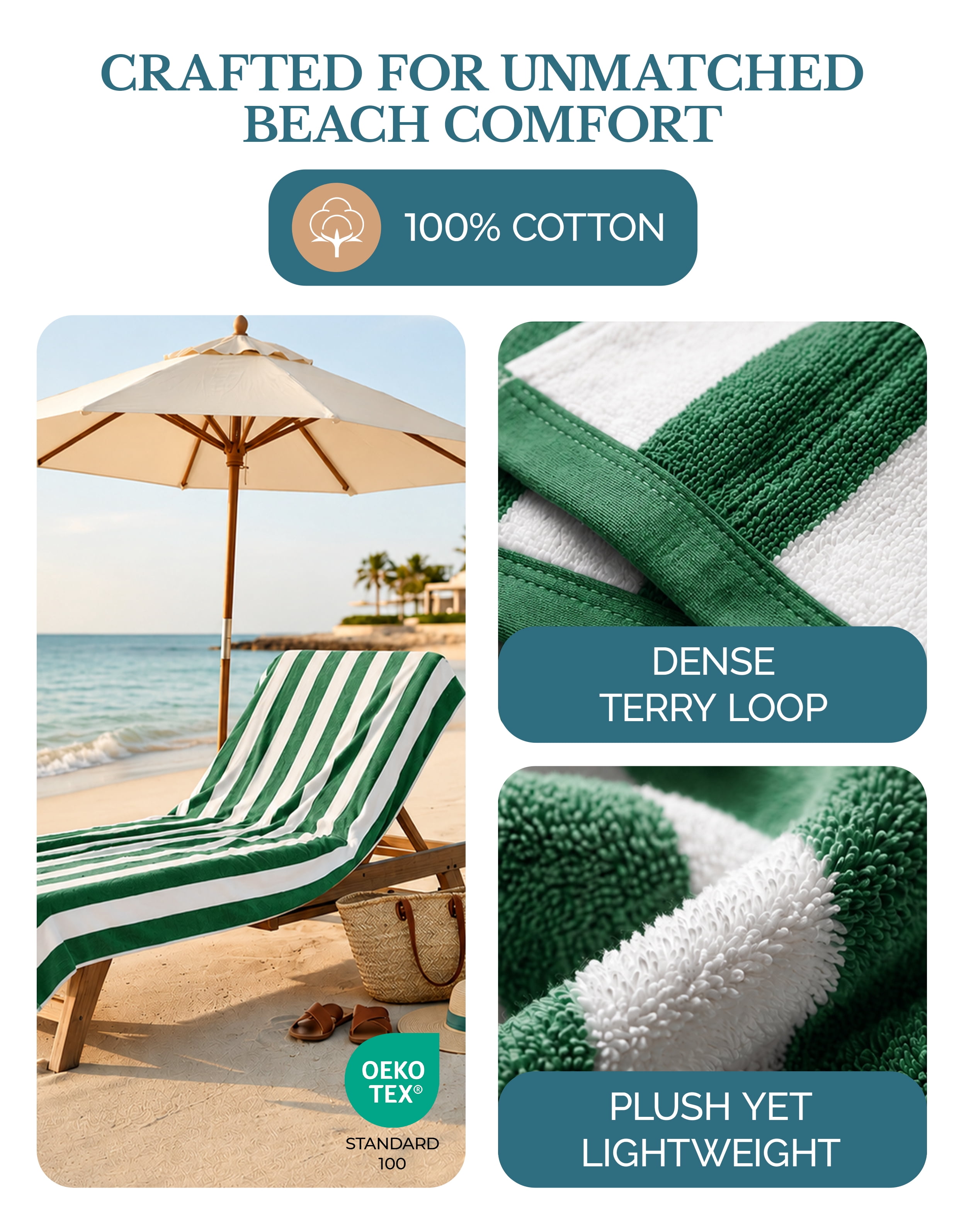 Casa Platino 100% Cotton Pool Towels - 4 Pack Cabana Striped Bath Towel,Quick Dry Absorbent Towels for Swimming Lessons, Pools and Lake Adventures - Green