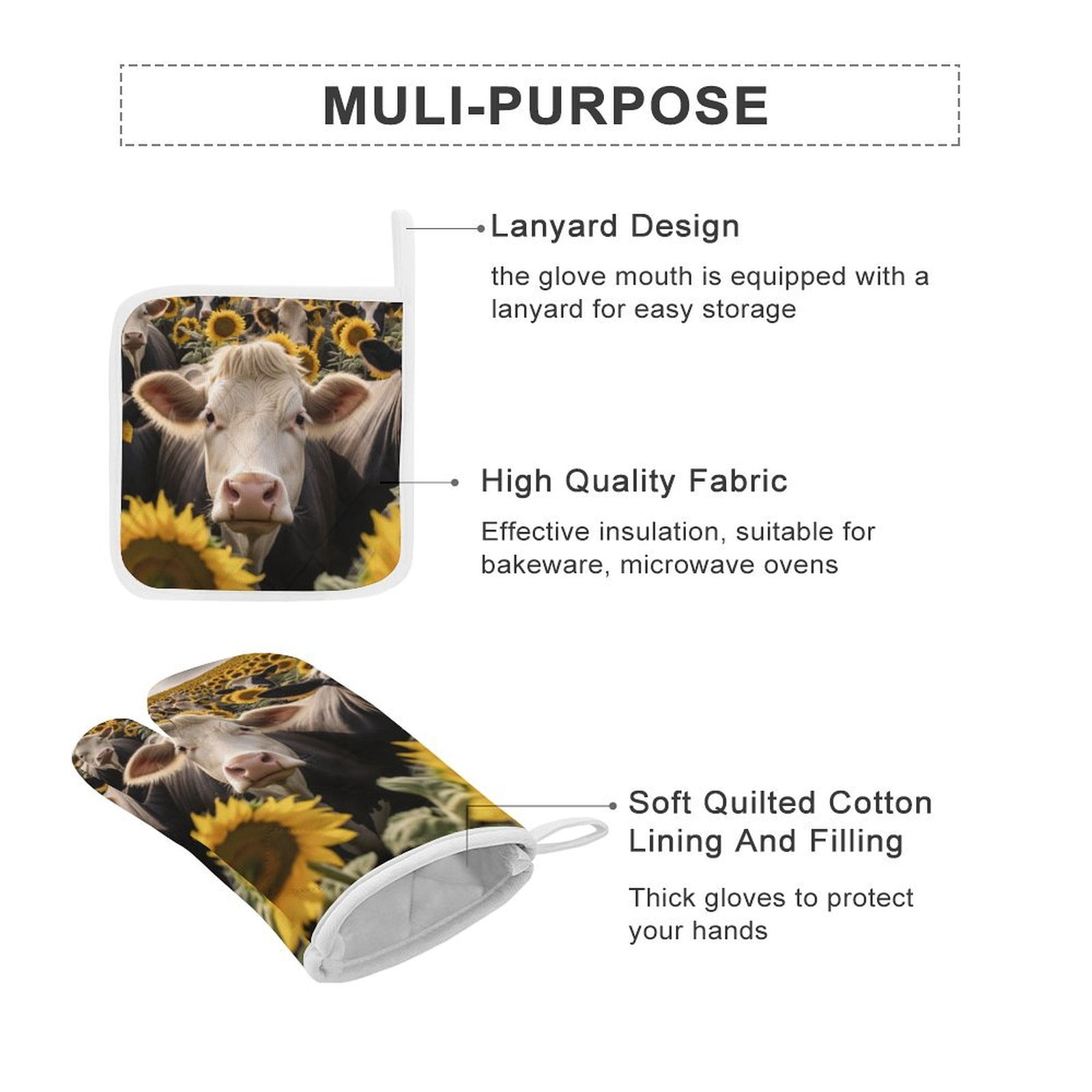 Farm Cows Oven And Pot Holders Sets, Heat Resistant Pads Kitchen Decor for Cooking Baking BBQ Grilling, Christmas Kitchen Gifts