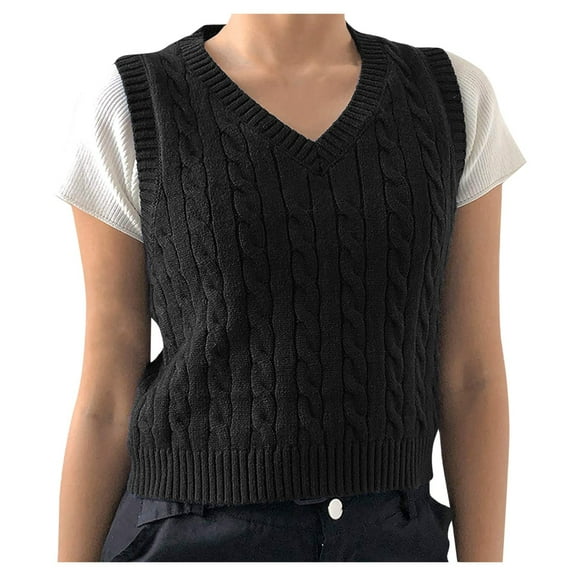 Dtydtpe Clearance Sales, Vests for Women, Women's Knitted V-Neck Vest Sleeveless Top Pullover Uniform Cropped Sweater Sleeveless Sweaters for Women, Black