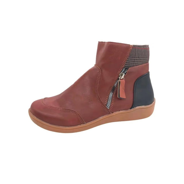 UKAP Ladies Ankle Boot Side Zip Flat Boots Retro Booties Street Short Bootie Slip Resistant Winter Shoes Brown 7.5