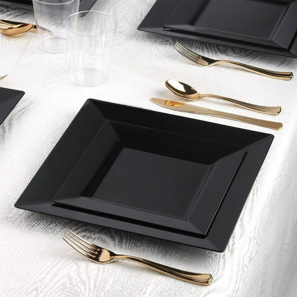 Efavormart 10 Pack - 10" Black Square Disposable Plastic Dinner Plates for Wedding, Birthday, Reception, Buffet, Upscale Occasions, Catered, Restaurants, Salads, Pasta